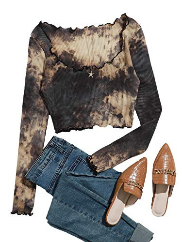 Romwe Women's Tie Dye Long Sleeve Lettuce Trim Scoop Neck Crop Tops T Shirts Tee Multicolor XS