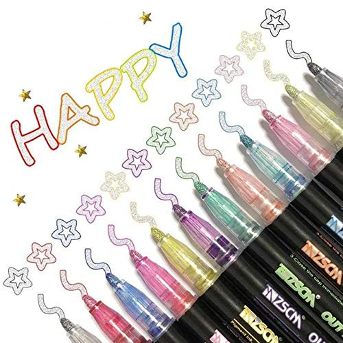 Double Line Outline Pens,Marker Pen for Highlight,12 Colors Self-Outline Metallic Markers Glitter Writing Drawing Doodle Dazzle Pens for Art, Drawing, Greeting Cards, Craft Projects, Posters, Painting