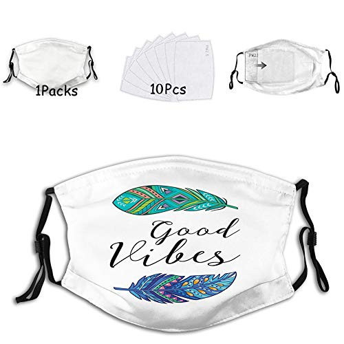 1mask with 10filters Reusable Face Mask Balaclava Washable Nose Mouth Cover for Adult Boho Art Style Feathers with Ethnic Feathers Hand Writing
