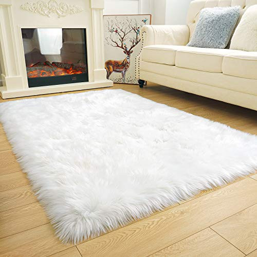 ISEAU Soft Faux Fur Fluffy Area Rug, Luxury Fuzzy Sheepskin Carpet Rugs for Bedroom Living Room, Shaggy Silky Plush Carpet Bedside Rug Floor Mat, 3ft x 5ft, White