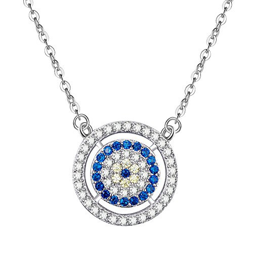 Kaletine Round Blue Evil Eye Pendant Necklace Sterling Silver 925 Cubic Zirconia Adjust. Cable Chain 16 inch/17 inch/18 inch
