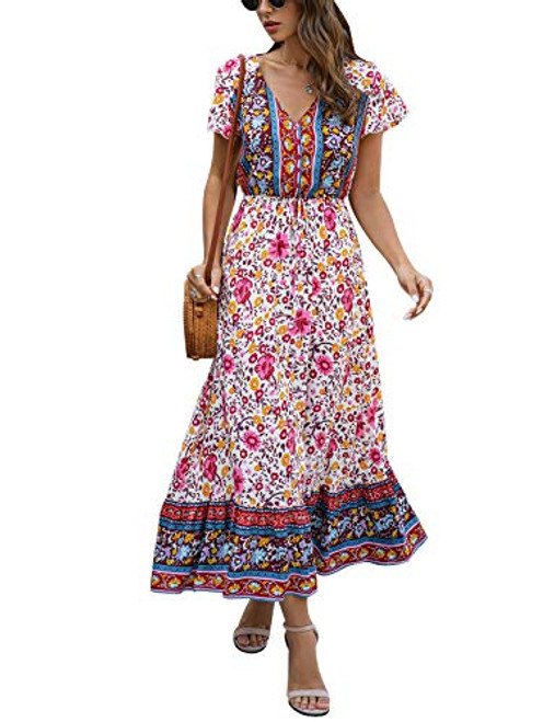 TEMOFON Women's Dresses Summer Bohemian Casual Short Sleeve Floral Print Maxi Dress Red L