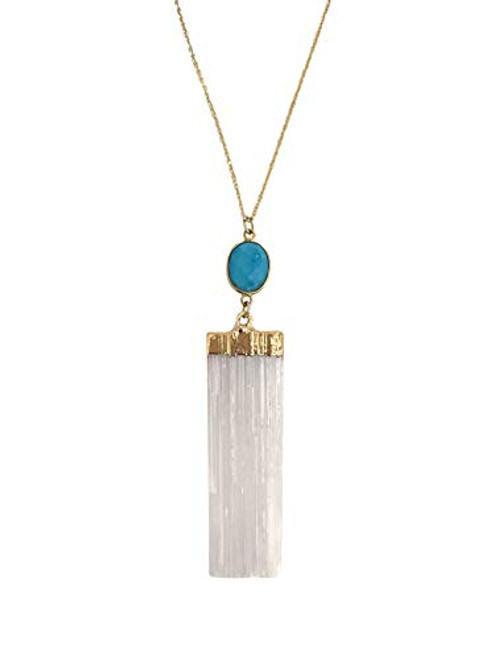 White Selenite Turquoise Magnesite Gold Pendant Necklace 16 inch