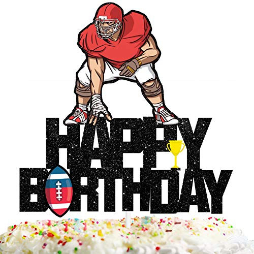 Happy Birthday football Cake Topper Touchdown Sport Theme Black Glitter Party Decor Picks for Rugby Ball Party Decorations Supplies
