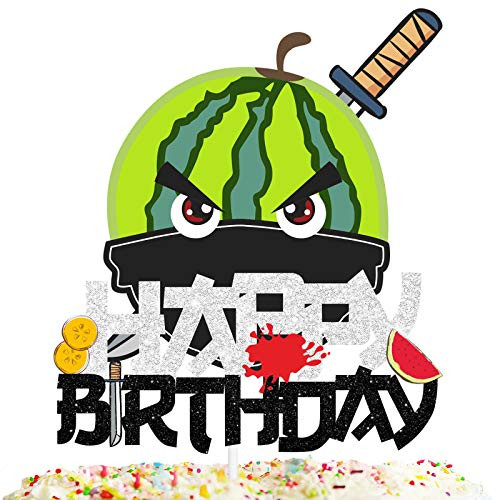 Watermelon Ninja Cake Topper Happy Birthday Theme Black Glitter Decor Picks for Kids Birthday Games Party Decorations