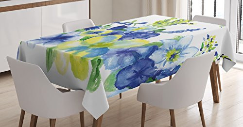 Ambesonne Yellow and Blue Tablecloth, Spring Flower Watercolor Flourishing Vibrant Blooms Design, Rectangular Table Cover for Dining Room Kitchen Decor, 60 inch X 84 inch, Royal Blue
