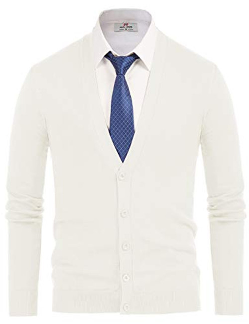PJ PAUL JONES Men's V-Neck Button Down Casual Cardigan Sweater Soft Plain Knitwear S White