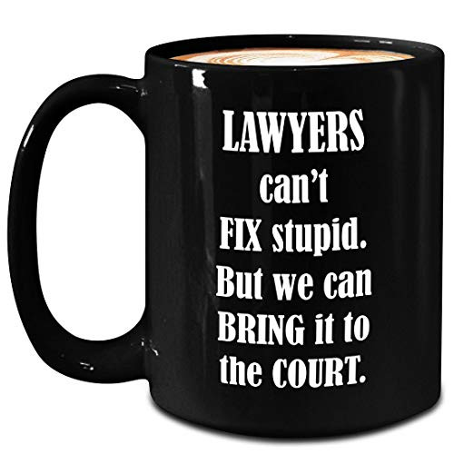 Funny Cute Gag Gifts Idea for Lawyer Mug - Large 15oz Black Ceramic Coffee Tea Cup - Cant Fix Stupid But Bring to Court - Attorney - Law Firm Practitioner Atty Bar Exam Passer Office School