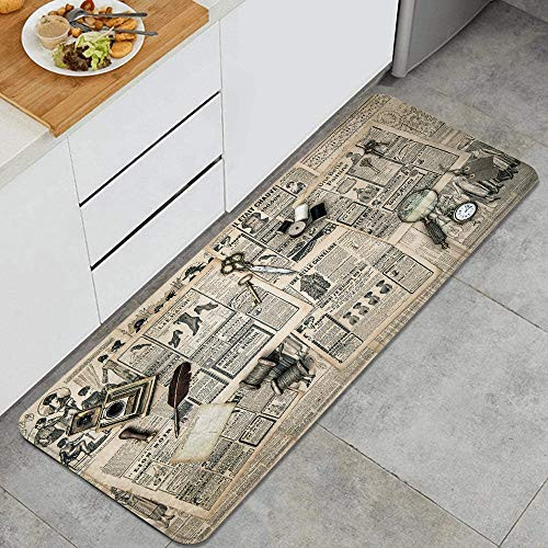 Anti Fatigue Kitchen Rug,antique accessories sewing and writing tools vintage fashion magazine for the woman,Non-Slip Super Absorbent Floor Mat Carpet for Kitchen Bathroom Laundry