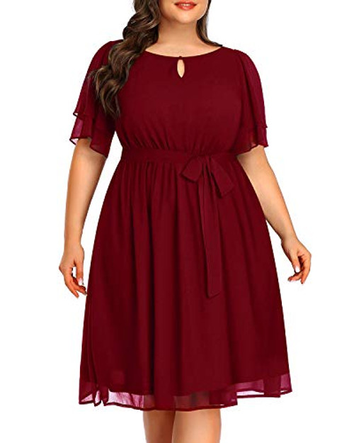 Pinup Fashion Plus Size Cocktail Dresses Women Burgundy Red Chiffon Dress Wedding Guest Semi-Formal Evening Flowy Maroon Swing Dress