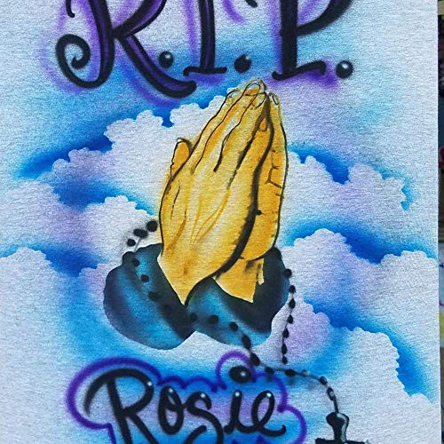 Personalized Airbrush Custom RIP Praying Hands In Memory Memorial T Shirt - Baby One Piece Airbrushed Name Tshirt - Toddler - Youth - Adult