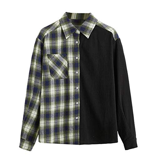 MakeMeChic Women's Plaid Color Block Collar Button Down Blouse Shirt Green XL