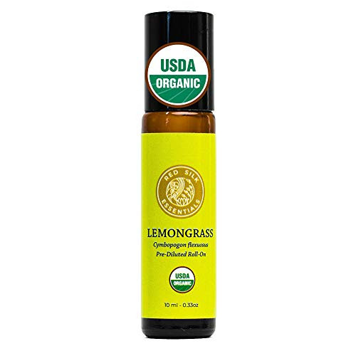 Red Silk Essentials USDA Organic Lemongrass Essential Oil Roll on, Pure Natural Aromatherapy for Pain Relief, Skin Health, Circulation - 10 ml