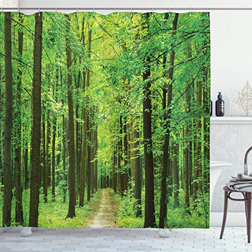 Ambesonne Landscape Shower Curtain, Pathway in Forest Along Trees Foliage Woodland Landscape Picture Print, Cloth Fabric Bathroom Decor Set with Hooks, 75 inch Long, Dark Olive Green