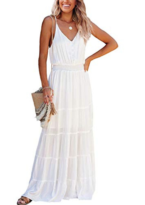 PRETTYGARDEN Womens Casual Halter Neck Sleeveless Floral Long Maxi Dress Backless Loose Ruffle Sundress with Belt (Button-White, Medium)