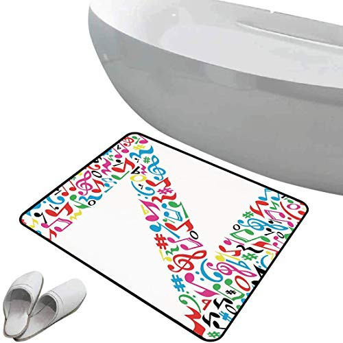 Doormat Skidproof Bath Rug Letter N Rubber Non Slip Floor Mat Vivid Colored Major Minor Notes in Abstract Writing Symbol Capital N Image Print Decorative,Multicolor,Indoor/Outdoor/Front Door/Entrance/