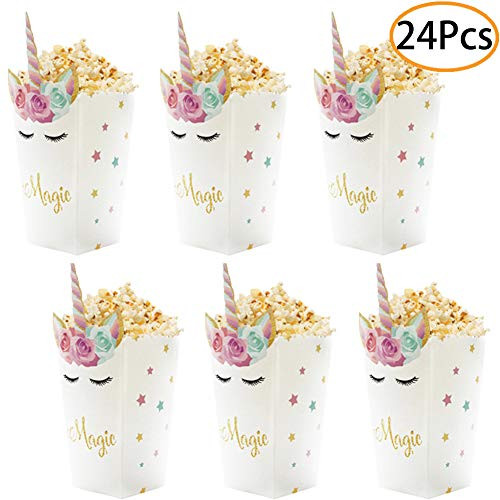 24Pcs Unicorn Birthday Party Supplies Unicorn Popcorn Box Snack Treat Box Candy Cookie Container For Baby Shower, Bridal Shower, Unicorn Theme Party Favors Decoration