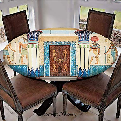 Elastic Edged Polyester Fitted Table Cover,Ancient Egyptian Writing on Stone Antique Old Indigenous Civilization,Fits up to 36 inch Diameter Tables,The Ultimate Protection for Your Table,Beige Blue and Br