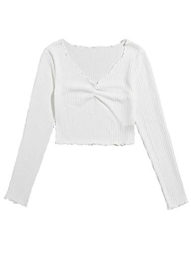Milumia Women's Elegant Ruched Front Crop Tees Lettuce Trim Long Sleeve Solid Knit Tops A White Medium
