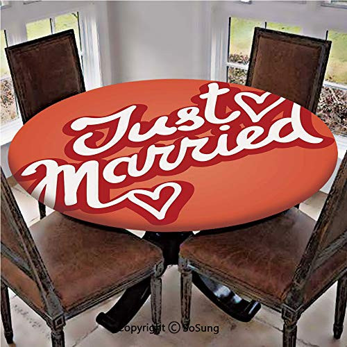 SoSung Elastic Edged Polyester Fitted Table Cover,Retro Hand Writing Hearts Poster Style Calligraphy Romantic,Fits up to 36 inch Diameter Tables,The Ultimate Protection for Your Table,Red Scarlet White