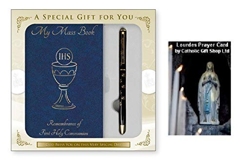 Blue First Holy Communion Chalice Book and Pen Gift Set with Remembrance Book plus Lourdes Prayer Card
