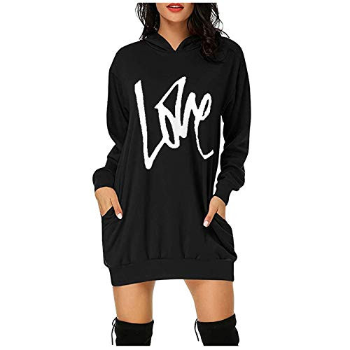 Hoodies for Women Pullover Women Casual Fall Hoodies Tunic Hooded Sweatshirts Long Sleeve Pullover Dress Loose Drawstring Tops Pockets Black