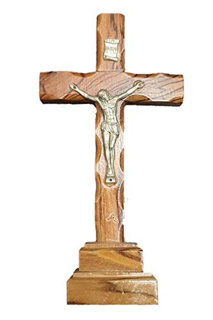 Jerusalem Olive Wood 5 inch Cross Crucifix on Stand from Bethehem