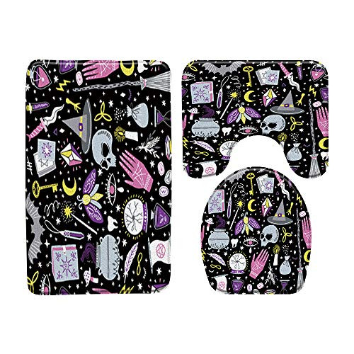 3 Pieces Bath Rugs Sets,Spooky Black Alchemy Magic World Ghosts Witch Witchcraft Bohemian for Halloween Girls Boys Memory Foam Bath Mat Sets Toilet Seat Cover, U-Shaped Toilet for Bathroom Decor