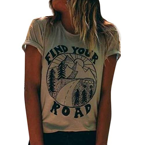 Dosoop Find Your Road T Shirt for Women Funny Letters Graphic Short Sleeve Summer Vacation Crewneck Casual Tops Blouse