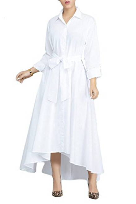 VERWIN Women Long Sleeve Loose Elegant Maxi Dress Button Down Up Shirt Long Dress with Pockets and Belts White L