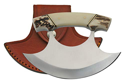 SZCO Supplies 5.5 inch Stag Handle Crescent Blade Ulu Knife with Sheath