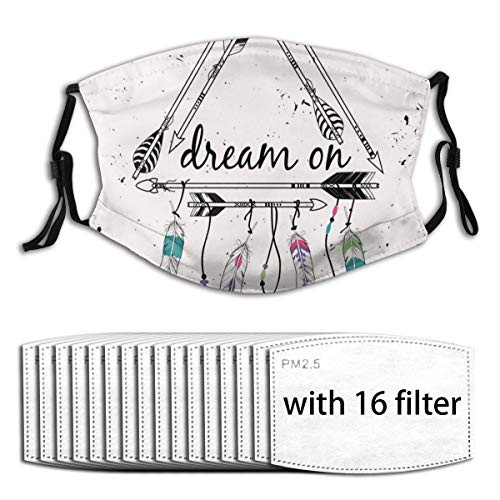 Windproof Activated carbon mask,Boho Style Tribal Ethnic Arrows Triangle Shape Dream On Hand Writing Feathers,Comfortable Facial decorations for adult (Filters 16pc)