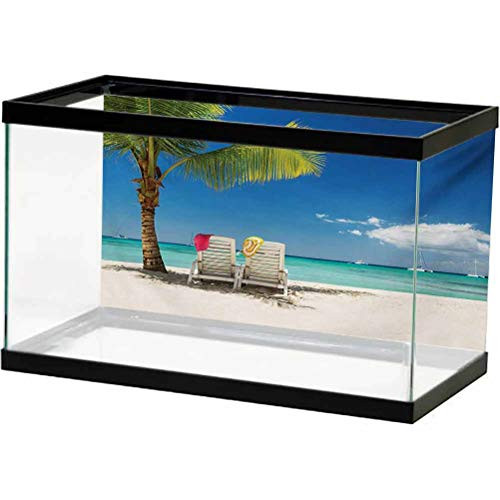 Seaside Aquarium Décor Backgrounds Relaxing Scene on Remote Beach with Palm Tree Chairs and Boats Panoramic Picture PVC Adhesive Static Cling Wallpaper Sticker Blue Green L30 X H12 Inch