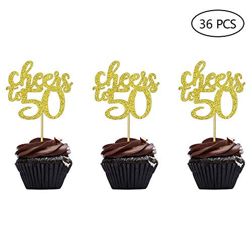 36 PCS Gold Glitter Cheers to 50 Cupcake Toppers Number 50 50th Birthday 50th Anniversary Cake Topper Picks for Birthday Wedding Anniversary Party Decorations