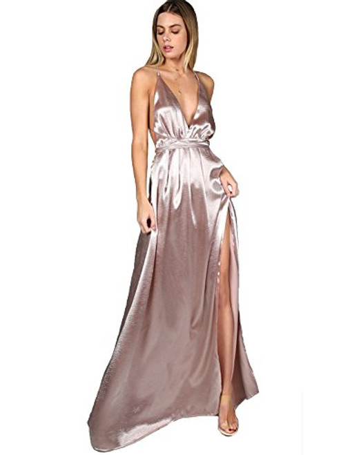 SheIn Women's Sexy Satin Deep V Neck Backless Maxi Party Evening Dress Pink Small SheIn Women's Sexy Satin Deep V Neck Backless Maxi Party Evening Dress Pink Small