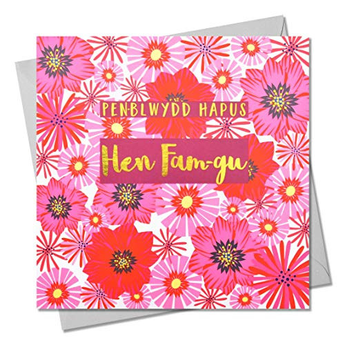 Welsh Happy Birthday Greeting Card Great Grandma, Pink Flowers, Greeting Card with Text Foiled in Shiny Gold, Pen-blwydd Hapus Hen Fam-gu Welsh Happy Birthday Greeting Card Great Grandma, Pink Flowers, Greeting Card with Text Foiled in Shiny Gold, Pen-blwydd Hapus Hen Fam-gu