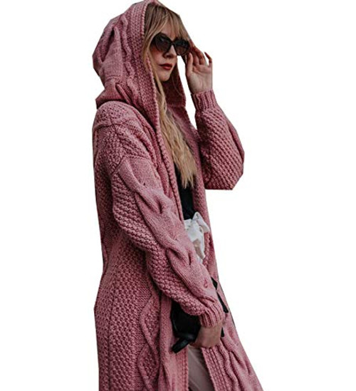 Women's Open Front Chunky Cable Knit Cardigan Knit Long Cardigan Hooded Sweaters Pink