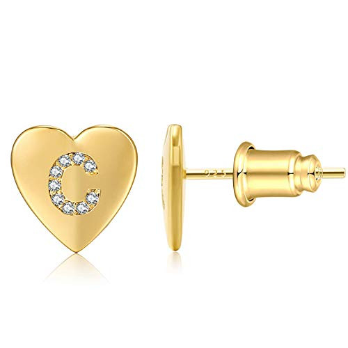 Gold Heart Earrings Cubic Zirconia CZ Initial Stud Earrings   A to Z Alphabet Letter Earrings for Girls Womens