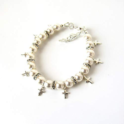 Silver Cross Charm Bracelet, Pearl Bracelet, Choice of Sizes and Colors, First Communion Gifts for Girls, Confirmation Gifts, Christian Jewelry, Catholic Jewelry Silver Cross Charm Bracelet, Pearl Bracelet, Choice of Sizes and Colors, First Communion Gifts for Girls, Confirmation Gifts, Christian Jewelry, Catholic Jewelry