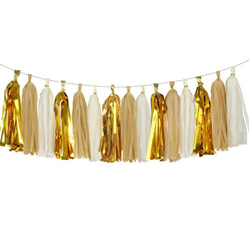 Tissue Paper Tassel Garland?Sundell Shiny Tassel Banner Sparkly Paper Tassels Decoration for Wedding, Bachelorette, Baby Shower, Birthday Party Decor, DIY Kits - 15pcs (Tan+Ivory+Metallic Gold)