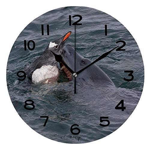 ALUONI Print Round Wall Clock, 10 Inch Leopard Seal Who is Trying to Grab The Gentoo Penguins Quiet Desk Clock for Home,Office,School IS135259