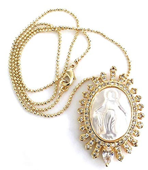 Virgen de la Milagrosa Oval Pendant Necklace 18k Gold Plated Ball Chain 17.5 Inches