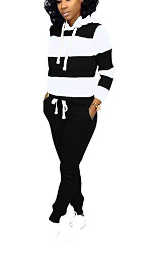 Jogging Suits for Women - Two Piece Sweatsuit Pullover Hoodie plus Long Pants Tracksuit Set Jumpsuits Large Black White