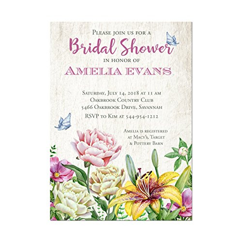 Butterfly and Tropical Floral Bridal Shower Invitations, Watercolor Floral Bridal Shower Invitations, Base price is for a set of 10 5x7 inch card stock invitations with white envelopes