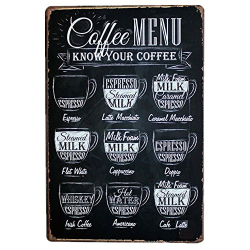EffortLife Coffee Menu Know Your Coffee Vintage Funny Metal Tin Sign Retro Home Decor Metal Plaque Bar Pub Poster 8 x 12 Inch