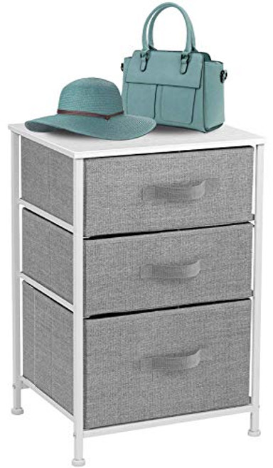 Sorbus Nightstand with 3 Drawers - Bedside Furniture  and  Accent End Table Chest for Home, Bedroom Accessories, Office, College Dorm, Steel Frame, Wood Top, Easy Pull Fabric Bins (White/Gray)