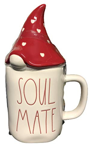 Rae Dunn Ceramic Mug SOUL MATE Red Writing with Red Gnome Topper Lid with Hearts