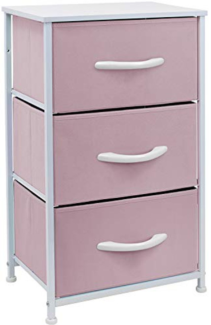 Sorbus Nightstand with 3 Drawers - Bedside Furniture  and  Accent End Table Chest for Home, Bedroom Accessories, Office, College Dorm, Steel Frame, Wood Top, Easy Pull Fabric Bins (Pastel Pink)