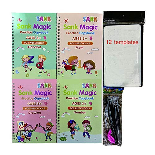 4X Magic Calligraphy Full English Handwriting Copybooks Kids Writing, Magic Copybook Reusable Calligraphy Learning Children Handwriting Practice Book Toys Copybook (A Set of Belt molds)