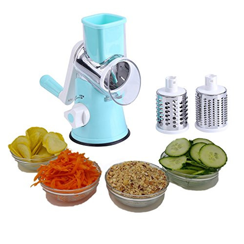 Rotary Cheese Grater and Mandoline Slicer By Famco Fitness   Potato Slicer, Onion Slicer, Vegetable Shredder, Nut Grinder - 3 Stainless Steel Round Blades - Dishwasher Safe